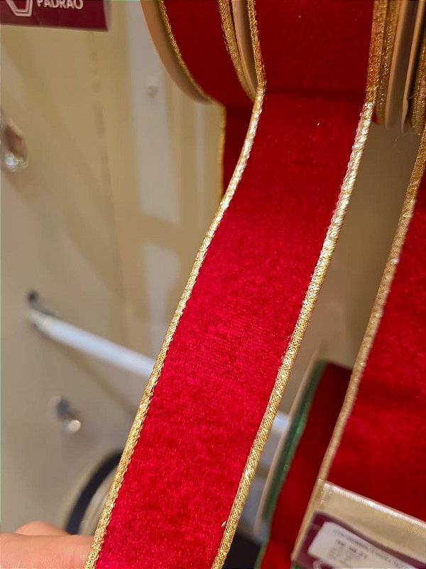 FITA ARAMADA VELUDO VERMELHA DUPLA FACE DOURADO 3,8CM - PRÉ VENDA 2026