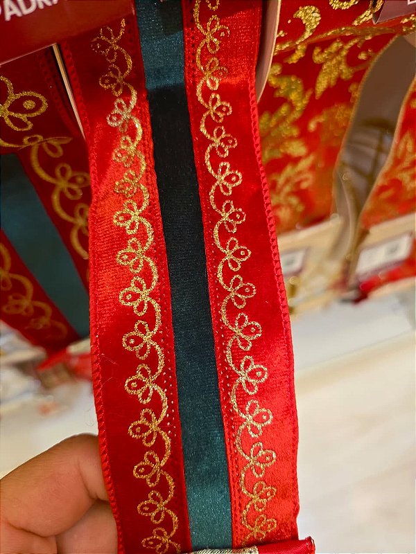 FITA ARAMADA VELUDO VERMELHA E VERDE 6,3CM - PRÉ VENDA 2026