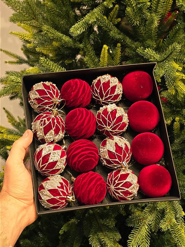 KIT BOLAS VELUDO DECORADA VERMELHA 6CM COM 16 UNIDADES