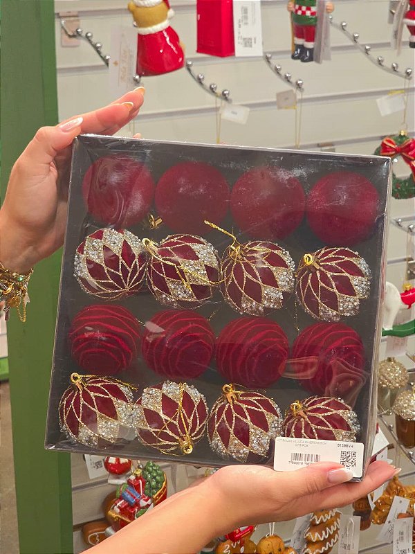 KIT BOLAS VELUDO DECORADA VERMELHA 6CM COM 16 UNIDADES - PRÉ VENDA 2026