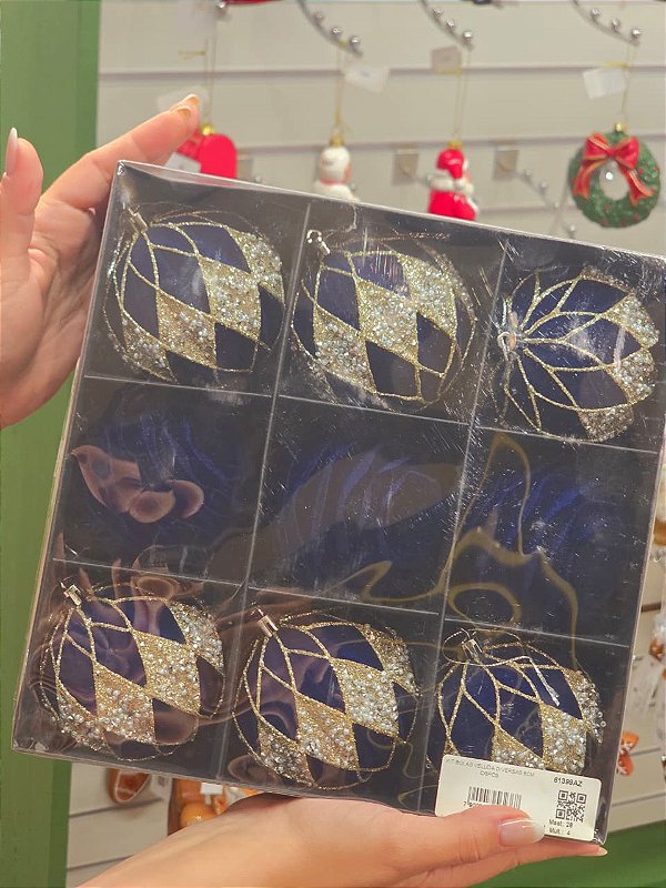 KIT BOLAS VELUDO DECORADA AZUL 8CM COM 9 UNIDADES - PRÉ VENDA 2026