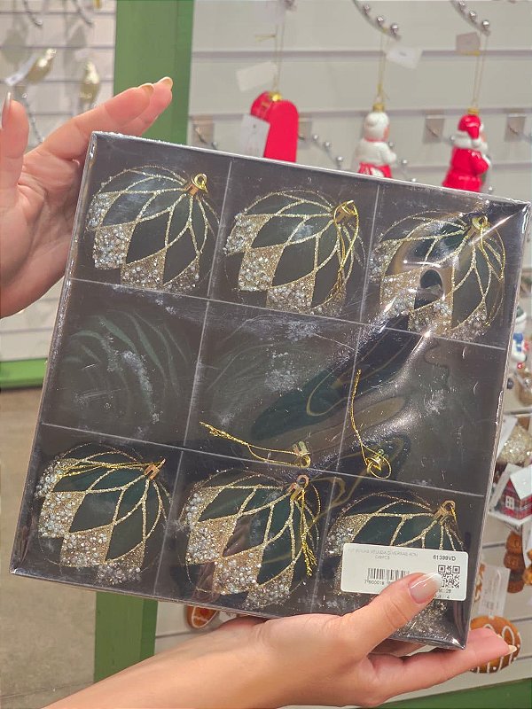 KIT BOLAS VELUDO DECORADA VERDE 8CM COM 9 UNIDADES - PRÉ VENDA 2026