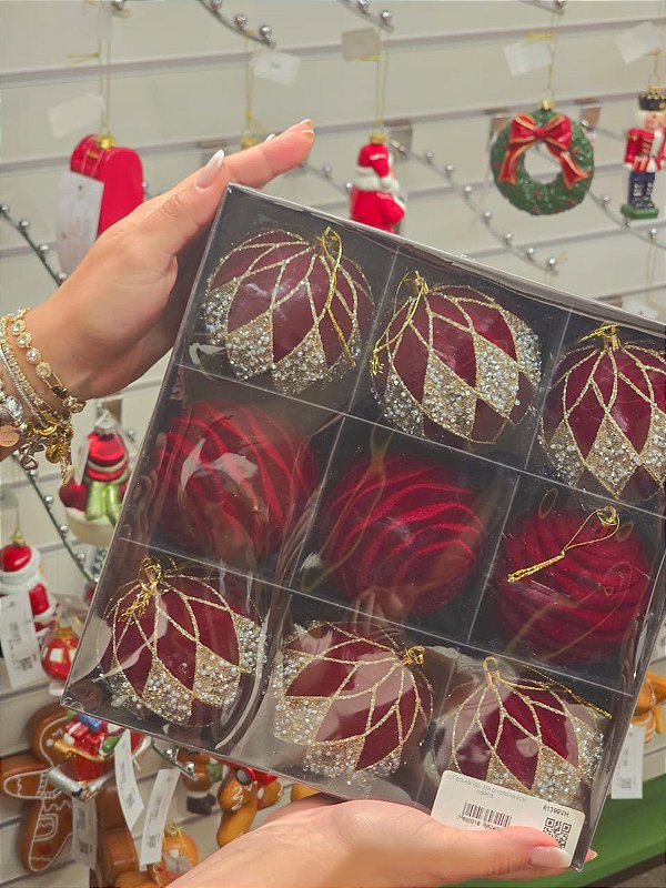 KIT BOLAS VELUDO DECORADA VERMELHA 8CM COM 9 UNIDADES - PRÉ VENDA 2026