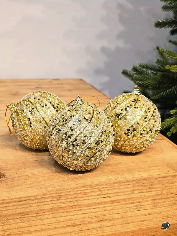 BOLA DOURADA TRABALHADA 10CM COM 3 UNIDADES
