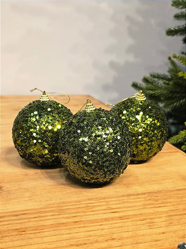 BOLA TRABALHADA VERDE 10CM COM 3 UNIDADES
