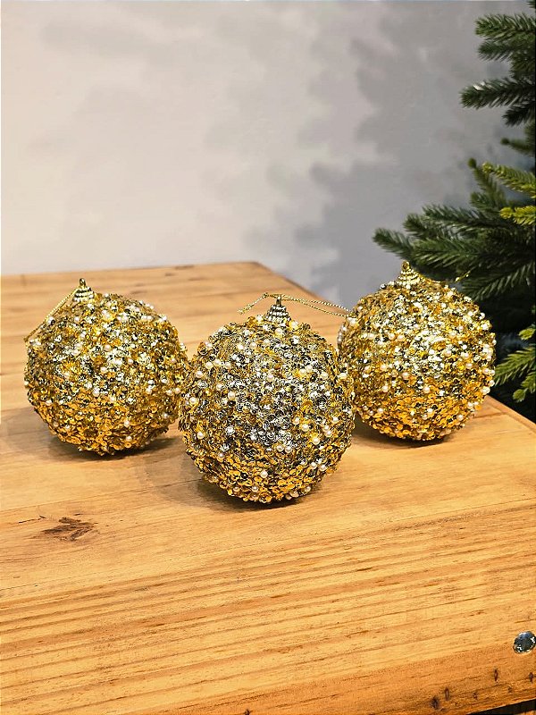BOLA TRABALHADA DOURADA 10CM COM 3 UNIDADES