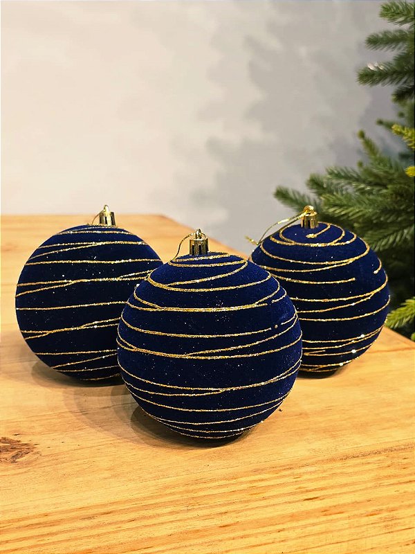 BOLA VELUDO AZUL TRABALHADA 10CM COM 3 UNIDADES