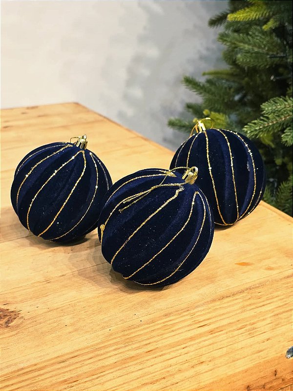 BOLA VELUDO AZUL TRABALHADA 10CM COM 3 UNIDADES