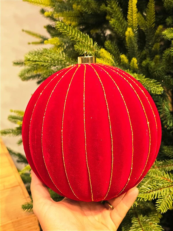BOLA VELUDO VERMELHA LISTRAS DOURADA 20CM