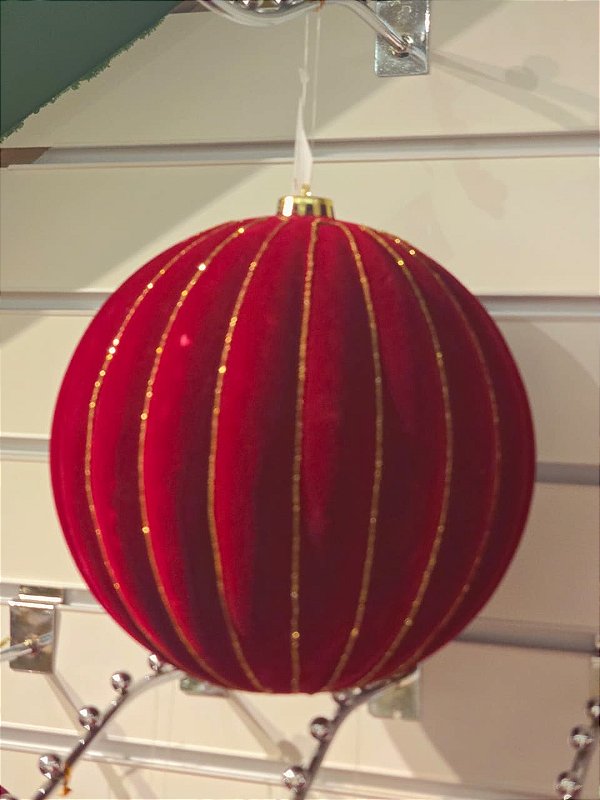 BOLA VELUDO VERMELHA LISTRAS DOURADA 20CM - PRÉ VENDA 2026