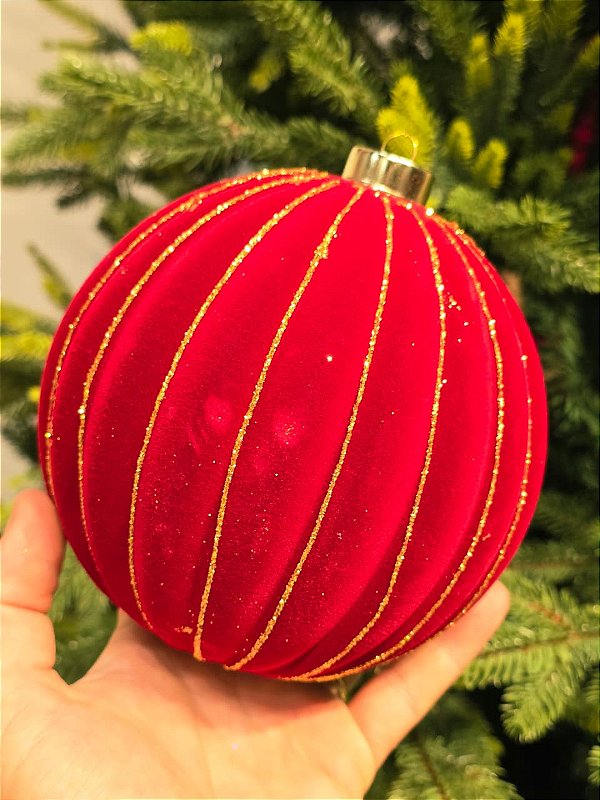 BOLA VELUDO VERMELHA LISTRAS DOURADA 15CM