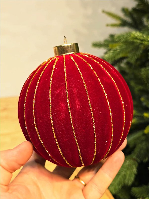 BOLA VELUDO VERMELHA LISTRAS DOURADA 12CM