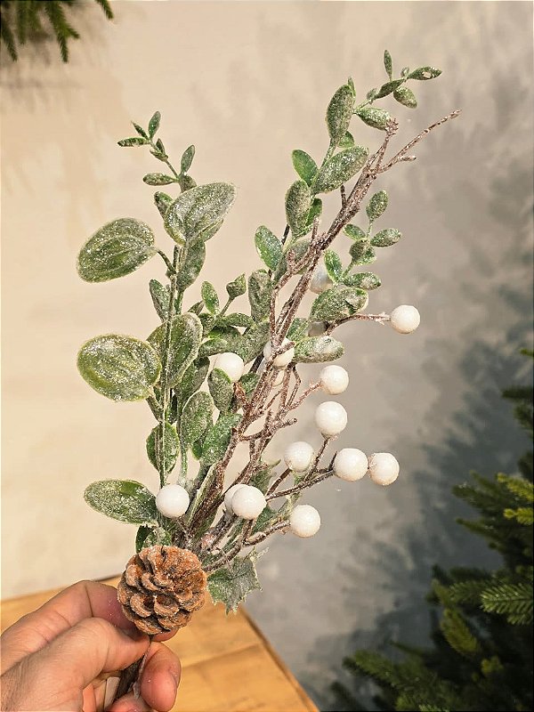 GALHO DECORATIVO BERRY BRANCO COM PINHA 48CM