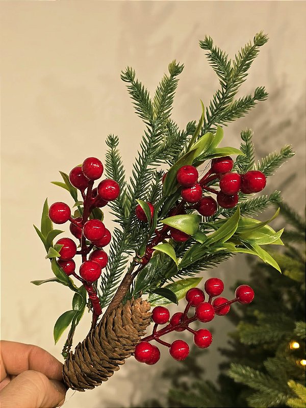 GALHO DECORATIVO BERRY COM PINHA 42CM
