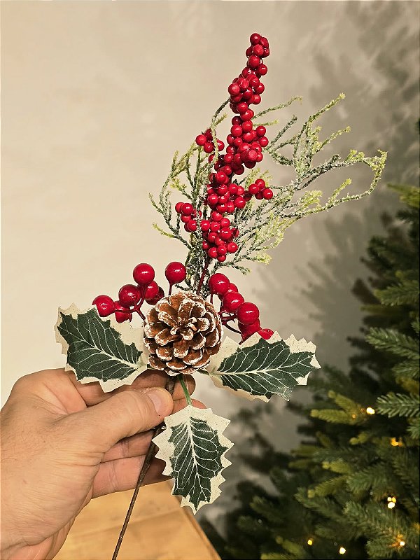 GALHO PICK DECORATIVO BERRY E PINHA 35CM