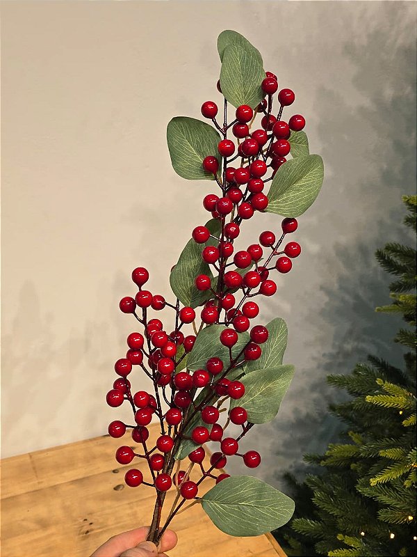 GALHO DECORATIVO BERRY COM FOLHAS 70CM