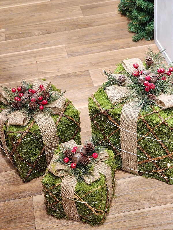 TRIO DE CAIXA DE PRESENTE COM LED WARM VERDE MUSGO - PRÉ VENDA 2026