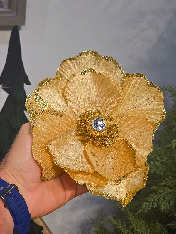 FLOR MAGNOLIA DOURADA COM GLITTER 15CM