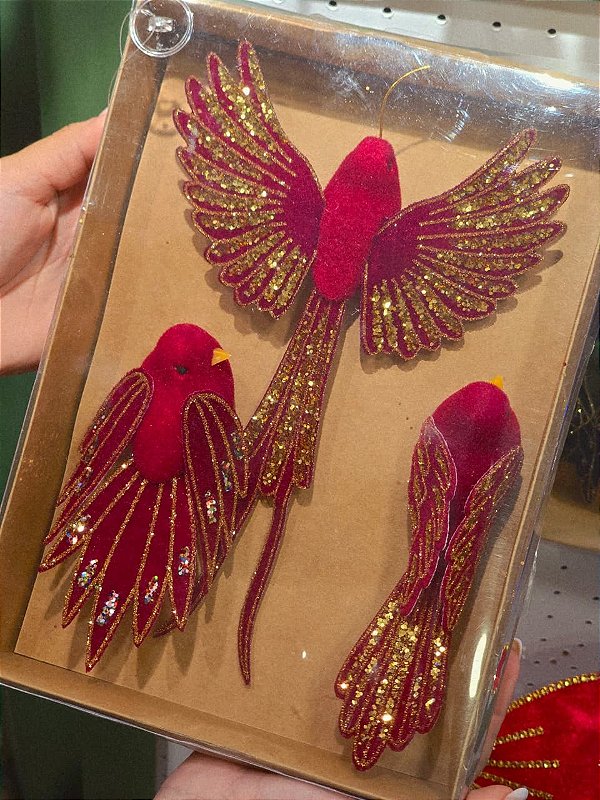 TRIO DE PENDENTE PASSARINHOS LUXO VERMELHO 18,24,17CM - PRÉ VENDA 2026
