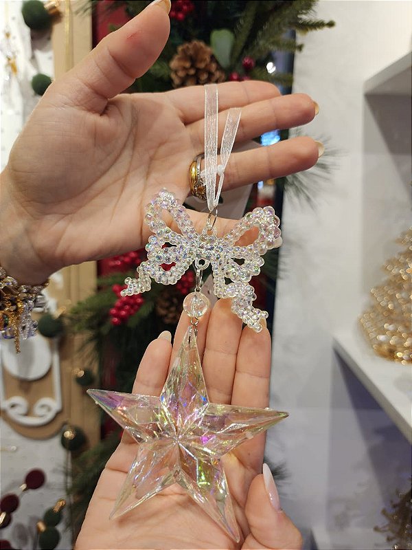 PENDENTE ESTRELA COM LAÇO CRISTAL IRIDESCENTE 13CM