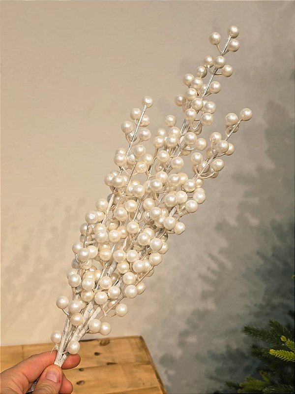 GALHO DECORATIVO BERRY BRANCO PEROLADO 90CM