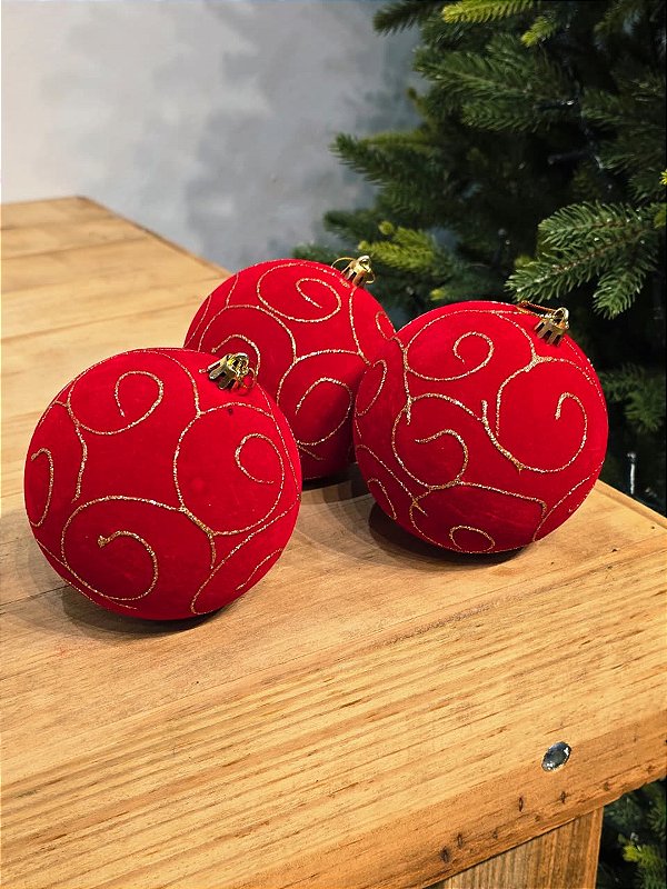 BOLA VELUDO VERMELHA COM ARABESCO DOURADO 10CM COM 3 UNIDADES