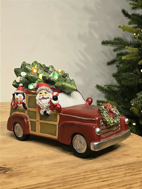 CARRO EM RESINA COM NOEL E ÁRVORE COM LED 30CM