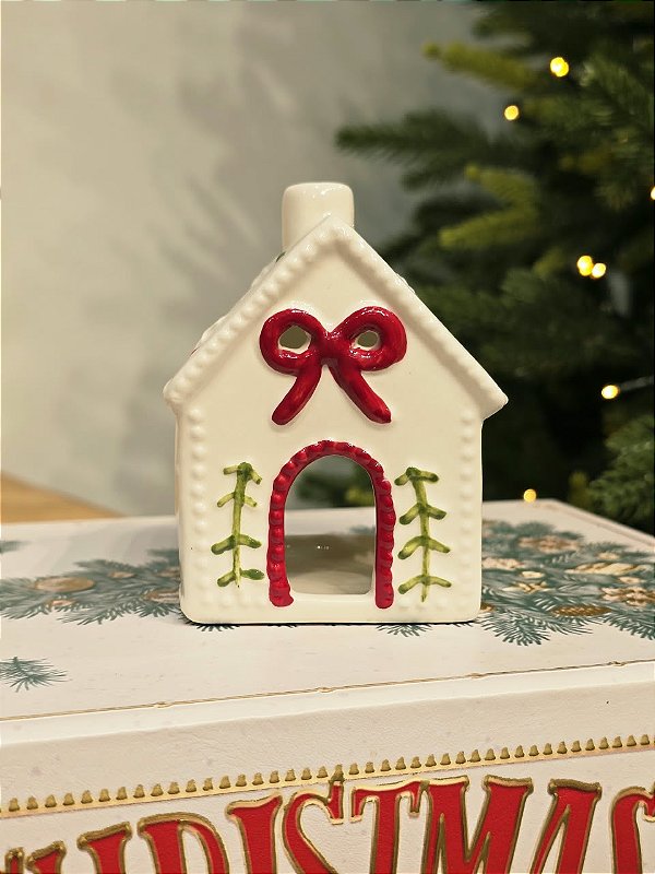 CASA CERÂMICA BRANCA DECORADA PORTA VELA 8CM