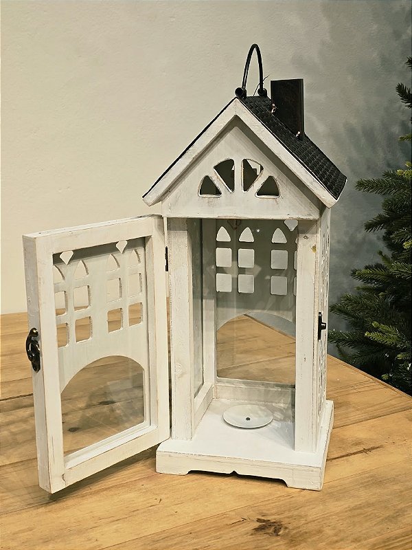 CASA BRANCA LUMINARIA EM MDF COM VIDRO 38CM