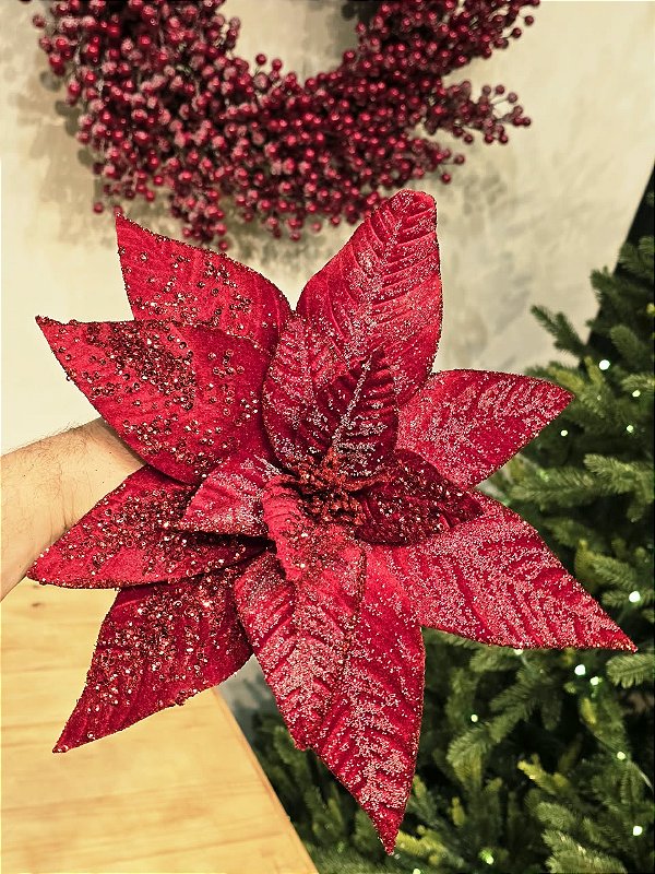 FLOR POINSETIA VELUDO VERMELHO COM BRILHO 30CM