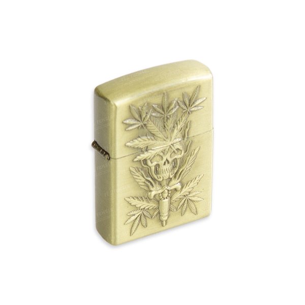 Isqueiro de Fluido Caveira Cannabis II - Dourado Envelhecido