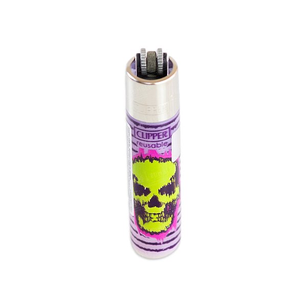 Isqueiro Clipper Grande Natural Skulls Roxo Translúcido – Caveira Verde