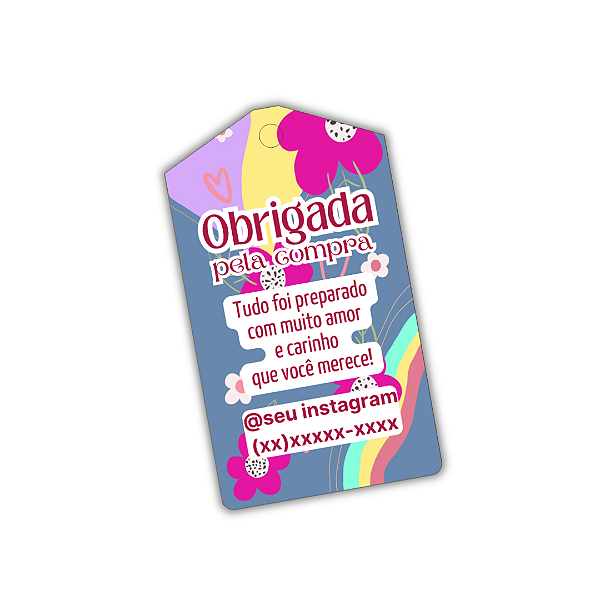100 Tags - Obrigada Pela Compra (fundo azul, flor, arco-iris)