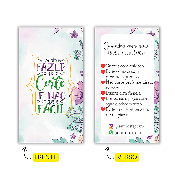 MODELO 14 - 250 Cartões Cuidados  (Texto Personalizável, Instagram e Whatspp)