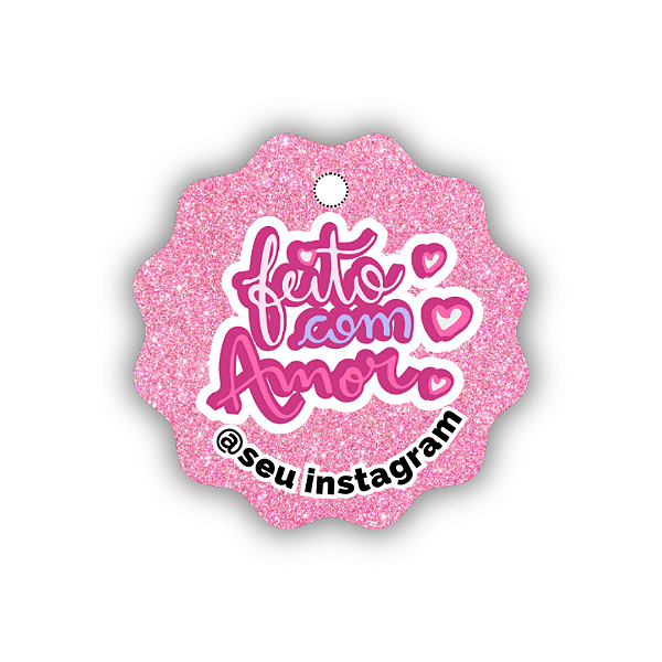 100 Tags - Feito Com Amor (glitter rosa) (5cm)
