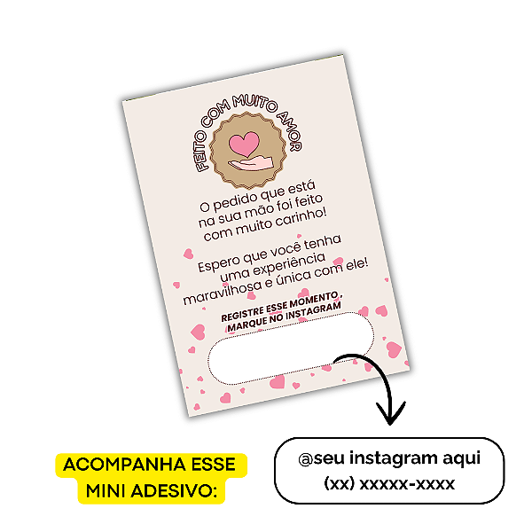 100 Mini Panfleto Agradecimento + 100 Mini Adesivos c/ Instagram e WhatsApp (FEITO COM MUITO AMOR MÃO CORAÇÃO)
