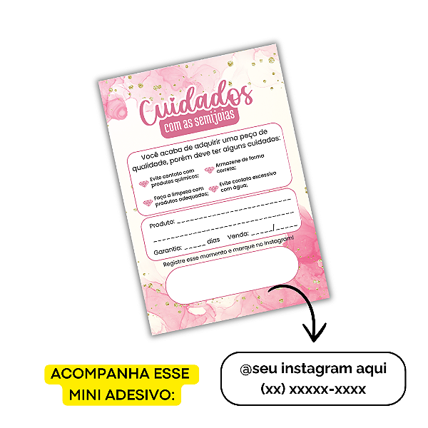 ÚLTIMAS UNIDADES - 100 Mini Panfleto Agradecimento + 100 Mini Adesivos c/ Instagram e whatsapp (CUIDADOS SEMIJOIA ROSA)