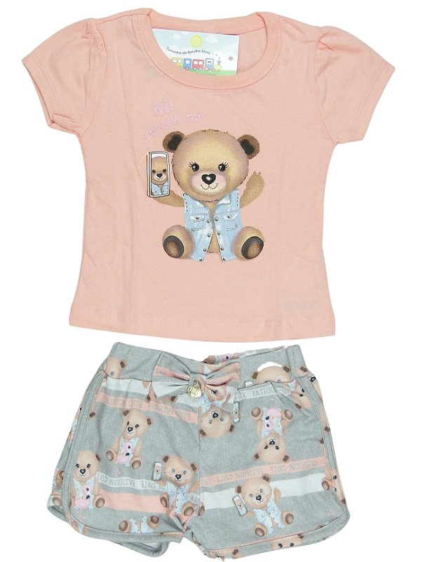 Conjunto Menina shorts e camiseta rosa ursinho fashion cute  Tamanho 1