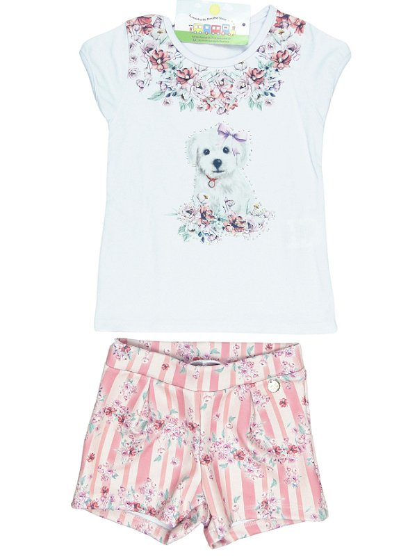 Conjunto Menina shorts e camiseta rosa Cachorrinho com strass e perola  Tamanho 03
