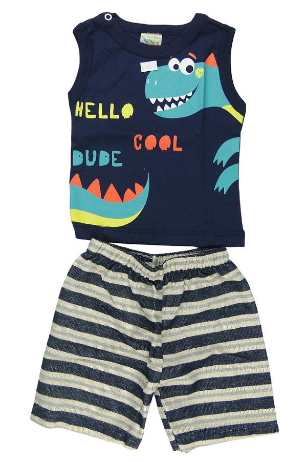 CONJUNTO MENINO REGATA DINO HELLO COOL DUDE  / BERMUDA    - TAMANHO P AO G