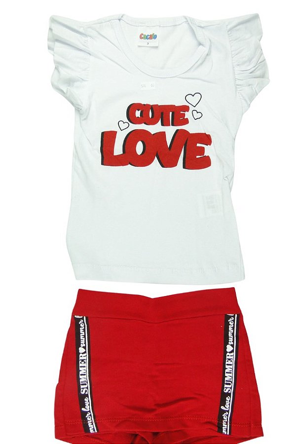 CONJUNTO MENINA BLUSINHA BRANCA MANGA CURTA  BABADINHO SILK  CUTE LOVEE  SHORTS SAIA VERMELHO - TAMANHO 1 AO 8
