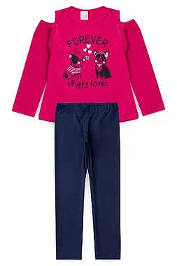 CONJUNTO INFANTIL MENINA MEIA ESTAÇÃO CAHORRINHOS FOREVER PINK - TAMANHO 2 AO 10