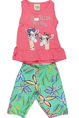 CONJUNTO MENINA BLUSINHA  REGATA ROSA  SILK GIRAFA C/ GLITTER  C/ BERMUDA FLORIDA- TAMANHO 1 AO 8