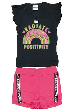 CONJUNTO MENINA BLUSINHA PRETA SILK  RADIATE POSITIVE C/ GLITTER SHORTS SAIA ROSA- TAMANHO 1 AO 8