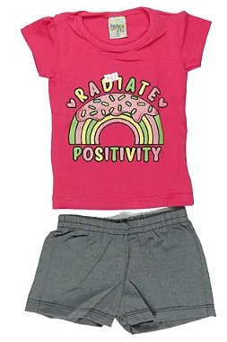 CONJUNTO MENINA BLUSINHA  ROSA C/ MANGA CURTA  SILK POSITIVITY C/ GLITTER  C/ SHORTS CINZA  - TAMANHO 1 AO 8