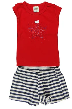 CONJUNTO MENINA BLUSINHA  VERMELHA C/ MANGA CURTA  STRASS DE ESTRELA  C/ SHORTS LISTRAS - TAMANHO 1 AO 8