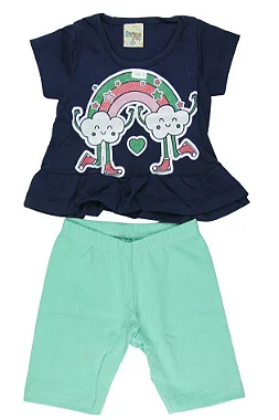 CONJUNTO MENINA BLUSINHA  AZUL ESCURO C/ MANGA CURTA BABADINHO SILK  ARCO ÍRIS C/ GLITTER  C/ BERMUDA VERDE CLARO  - TAMANHO 1 AO 8