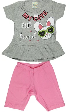 CONJUNTO MENINA BLUSINHA  CINZA MANGA CURTA  C/ BABADINHO SILK COELHO C/ ÓCULOS  C/ BERMUDA ROSA  - TAMANHO 1 AO 8