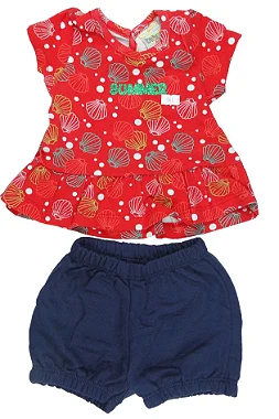 CONJUNTO MENINA BLUSINHA VERMELHA BABADINHO SUMMER C/ GLITTER  C/ SHORTS - TAMANHO P AO G