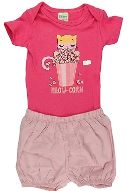 CONJUNTO MENINA BODY ROSA MANGA CURTA SILK GATINHO C/ GLITTER C/ SHORTS - TAMANHO P AO G